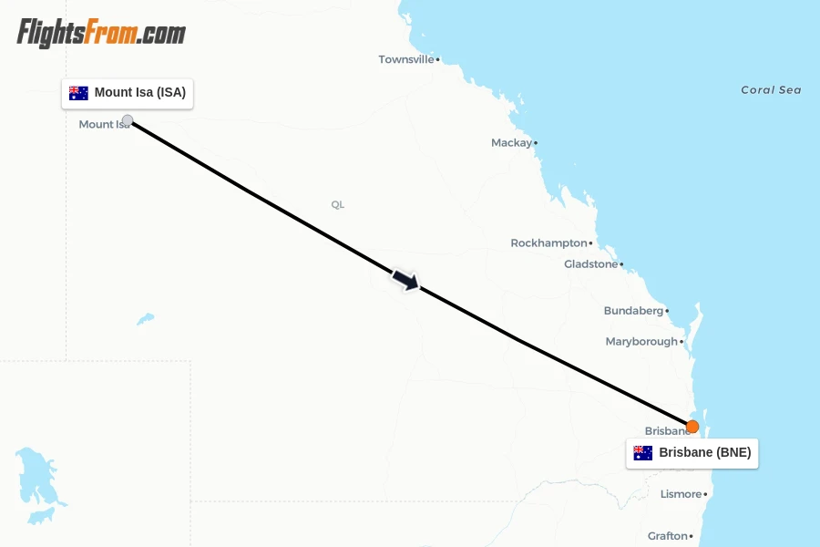 Flights from Mount Isa to Brisbane route map