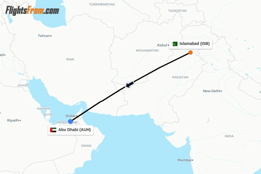 Flights from Islamabad to Abu Dhabi route map