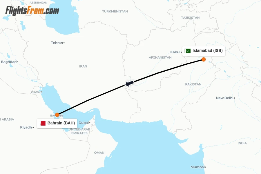 Flights from Islamabad to Bahrain route map