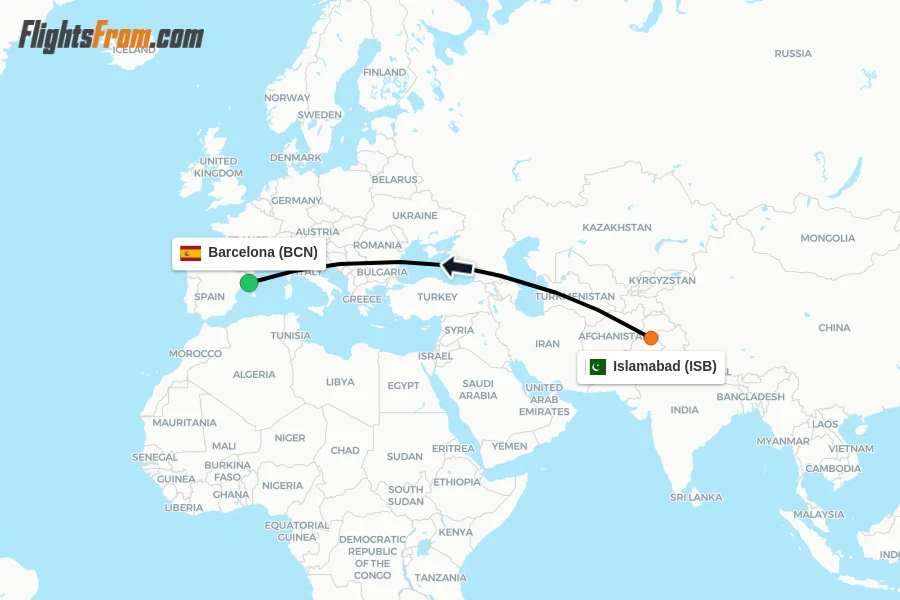 Flights from Islamabad to Barcelona route map