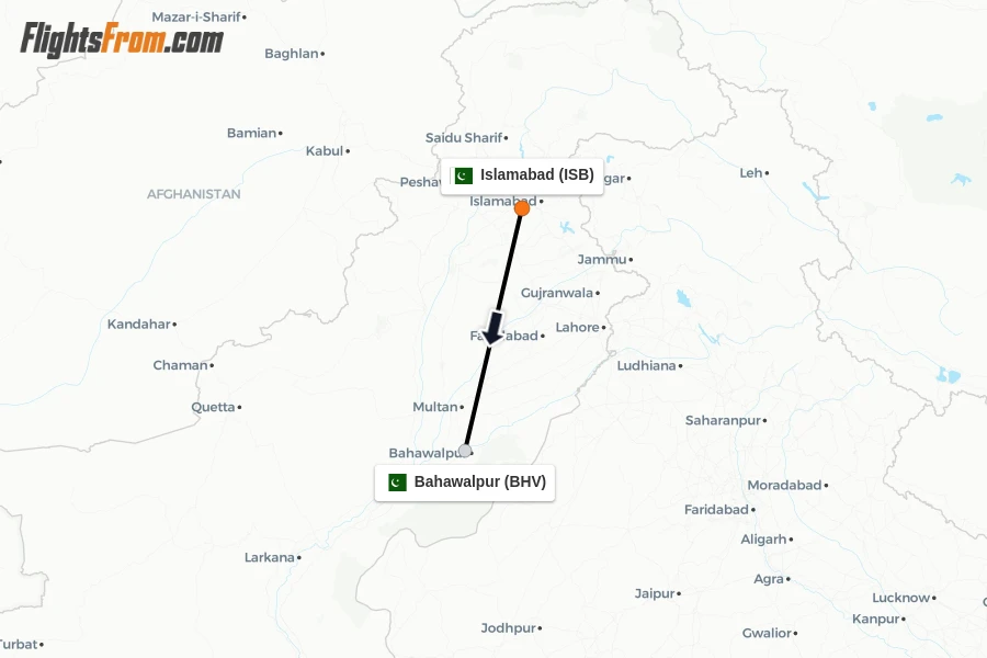 Flights from Islamabad to Bahawalpur route map