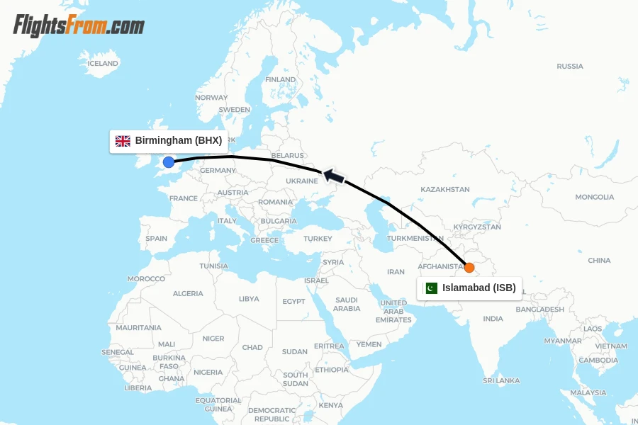 Flights from Islamabad to Birmingham route map