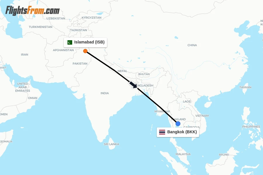 Flights from Islamabad to Bangkok route map