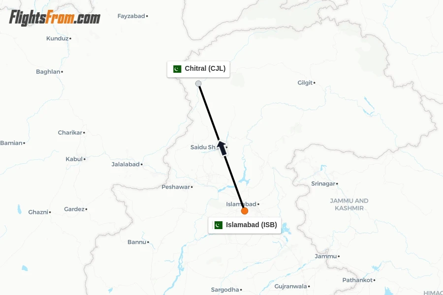 Flights from Islamabad to Chitral route map
