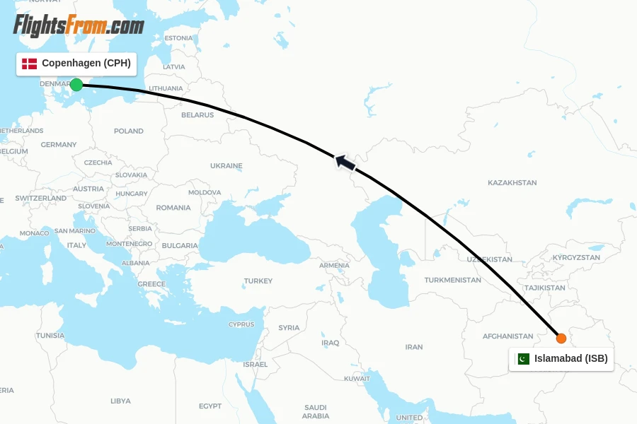 Flights from Islamabad to Copenhagen route map