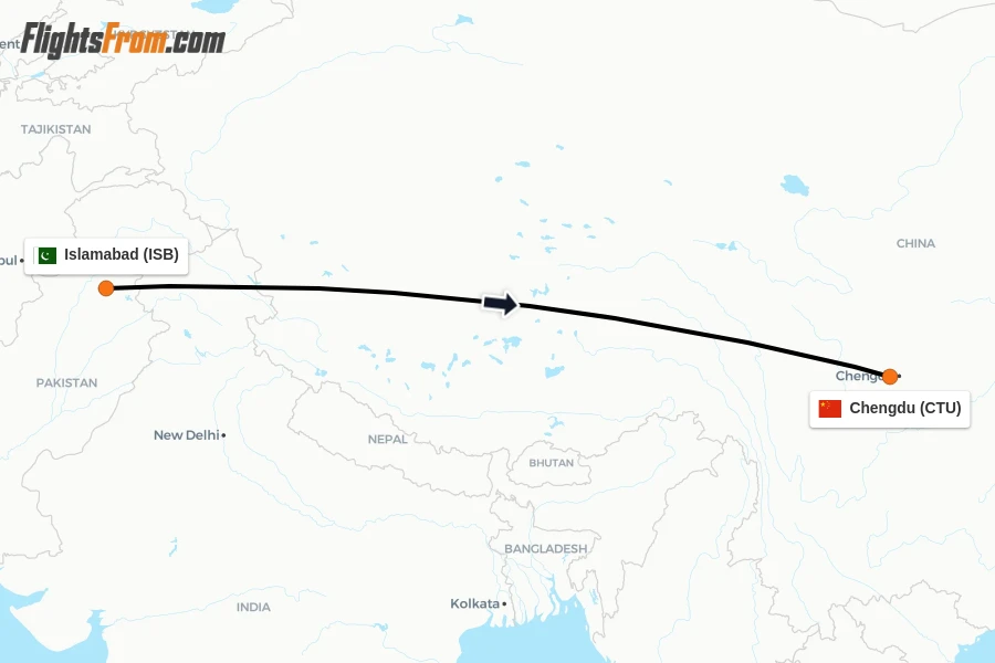 Flights from Islamabad to Chengdu route map