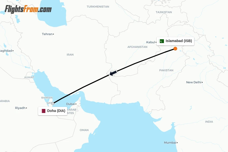 Flights from Islamabad to Doha route map
