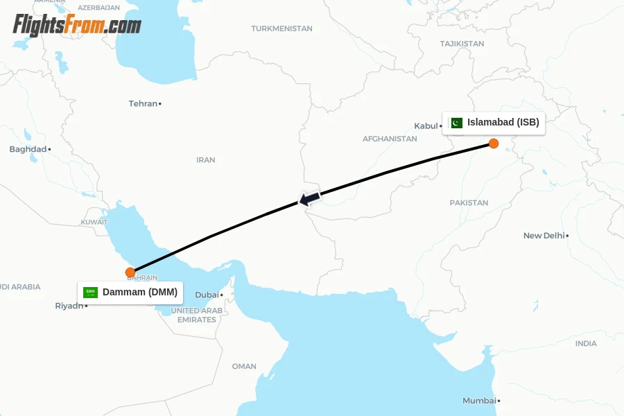 Flights from Islamabad to Dammam route map