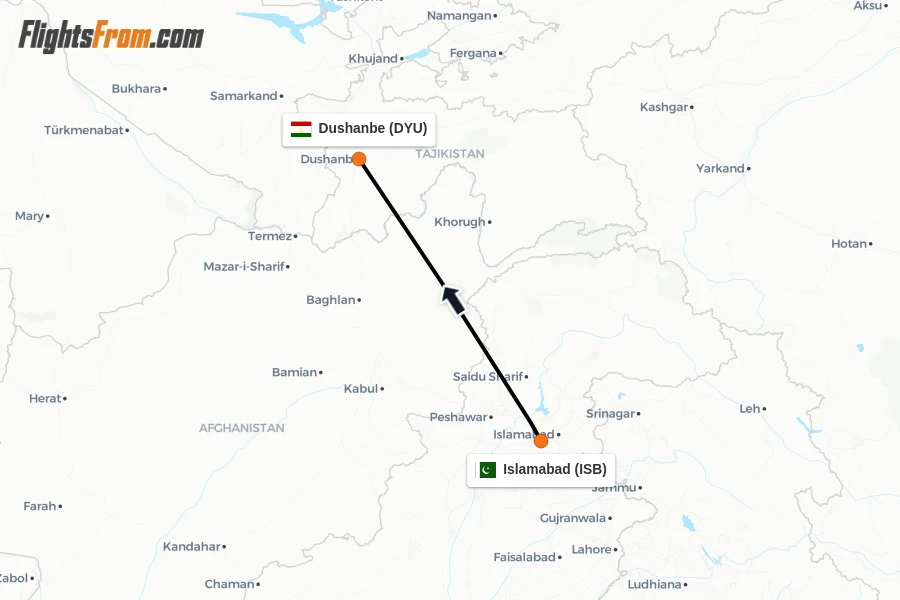 Flights from Islamabad to Dushanbe route map