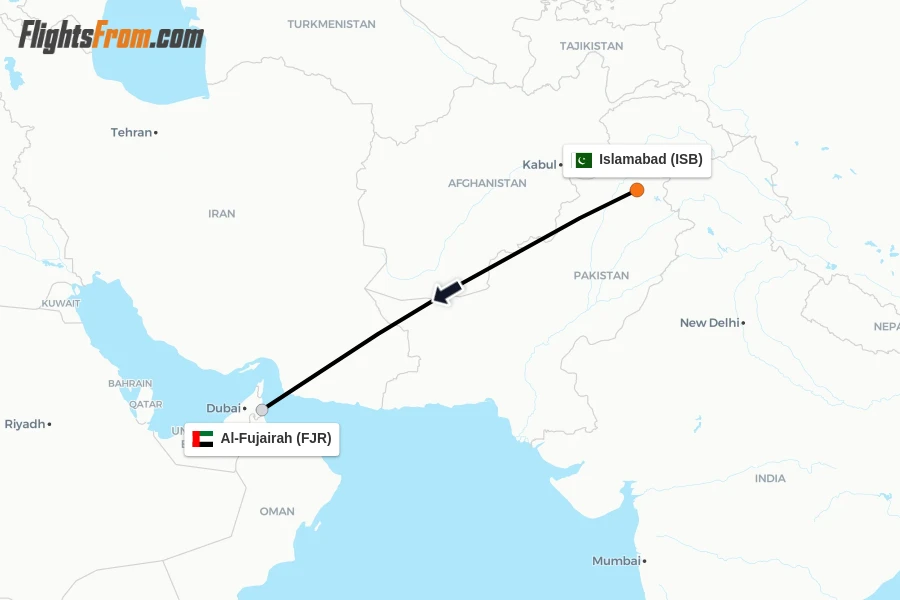 Flights from Islamabad to Al-Fujairah route map