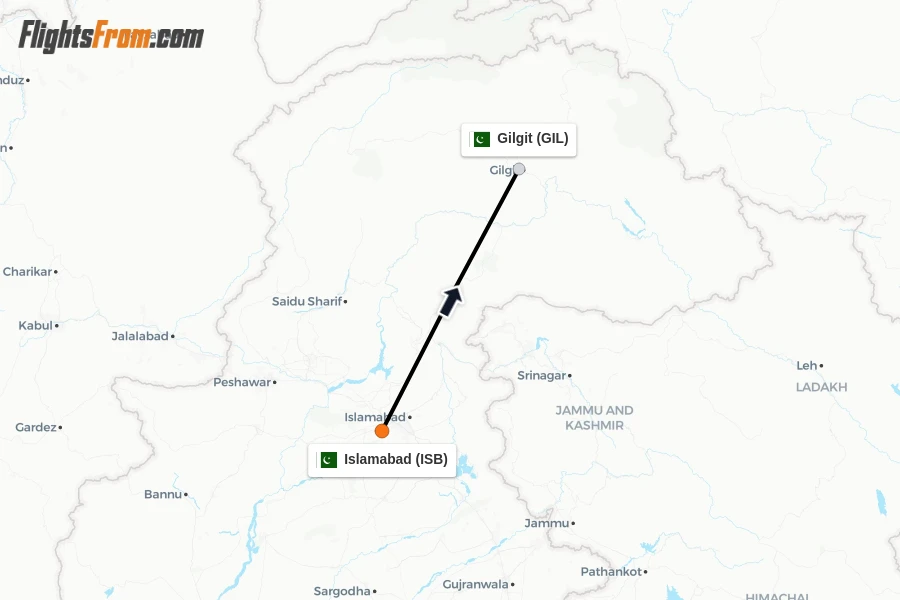 Flights from Islamabad to Gilgit route map