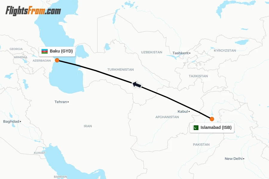 Flights from Islamabad to Baku route map