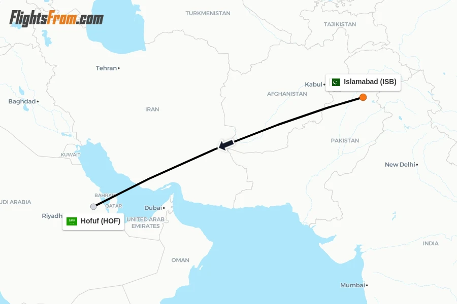 Flights from Islamabad to Hofuf route map