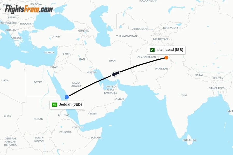 Flights from Islamabad to Jeddah route map