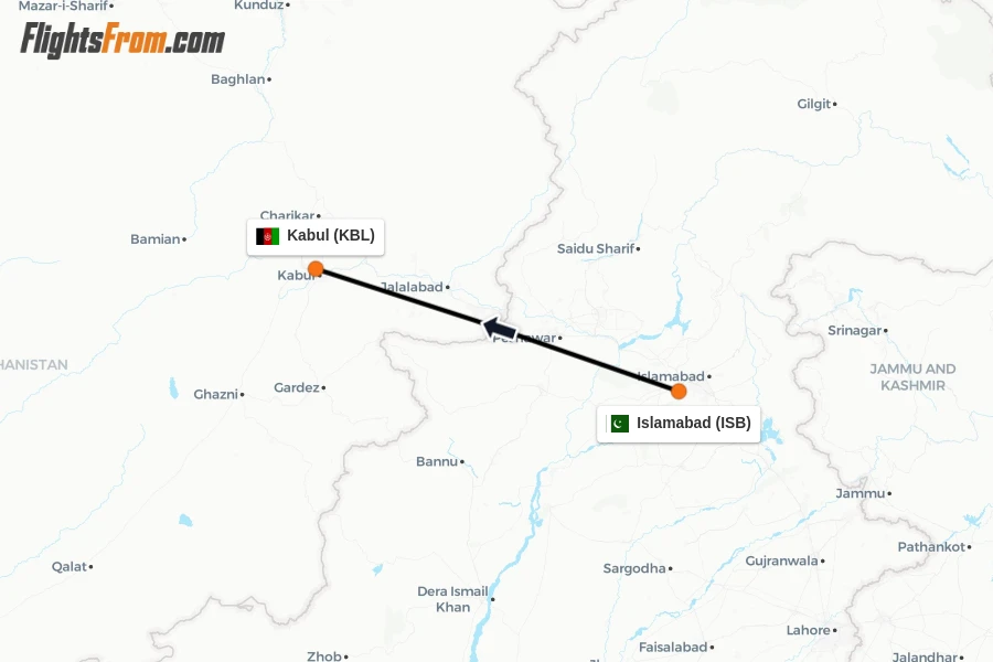 Flights from Islamabad to Kabul route map