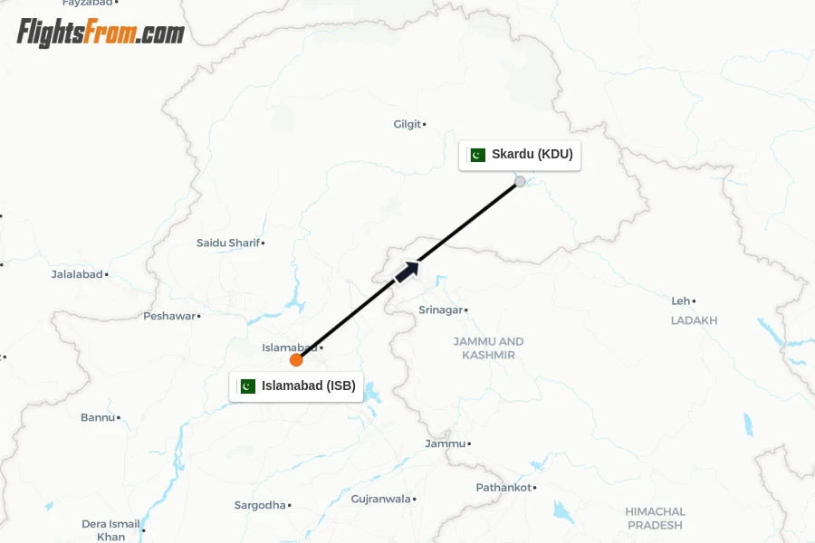 Flights from Islamabad to Skardu route map
