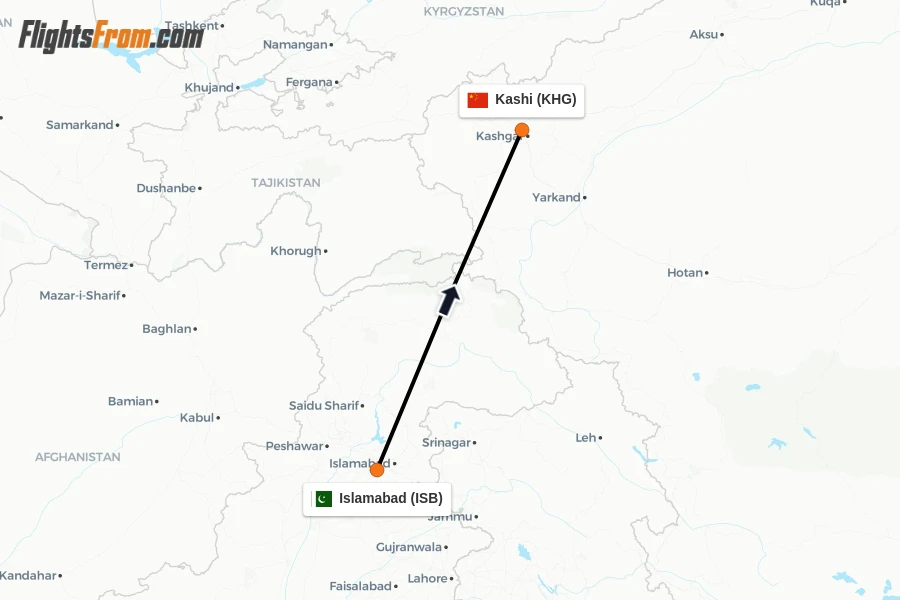 Flights from Islamabad to Kashi route map