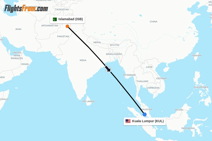 Flights from Islamabad to Kuala Lumpur route map