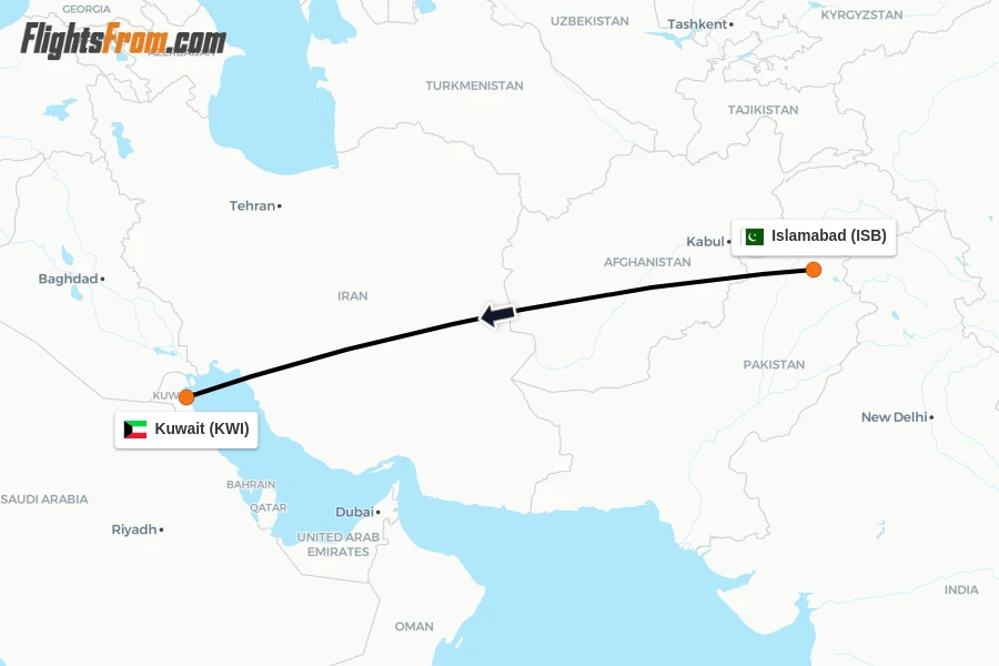 Flights from Islamabad to Kuwait route map