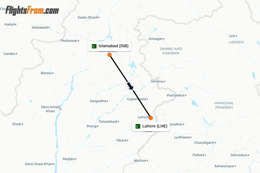 Flights from Islamabad to Lahore route map