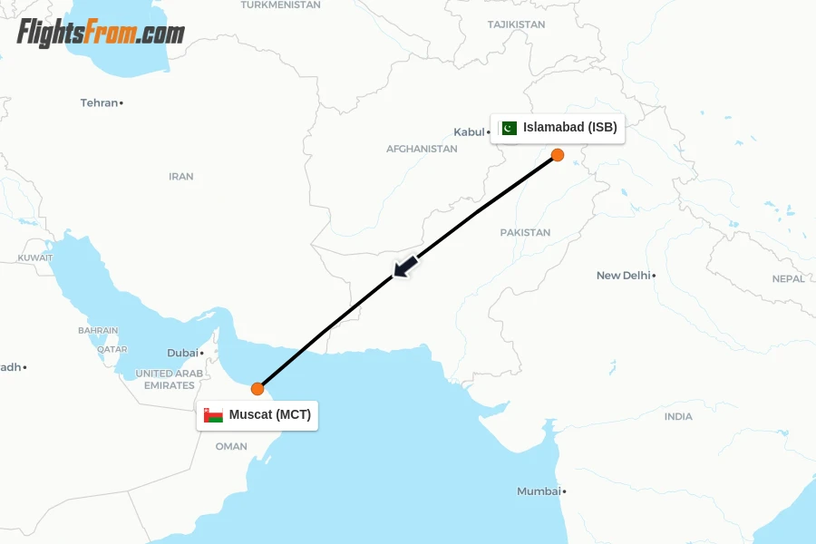 Flights from Islamabad to Muscat route map