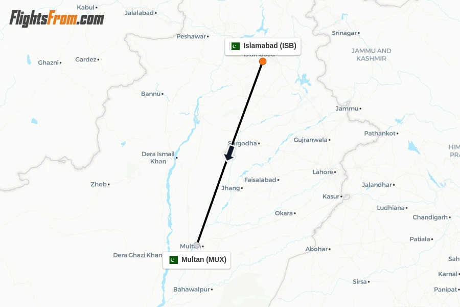 Flights from Islamabad to Multan route map
