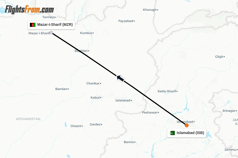 Flights from Islamabad to Mazar-I-Sharif route map