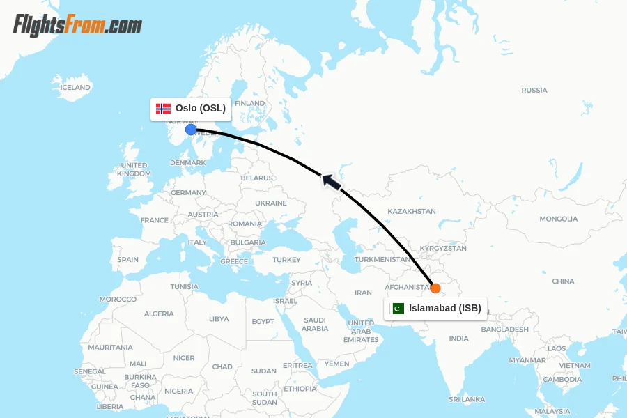 Flights from Islamabad to Oslo route map