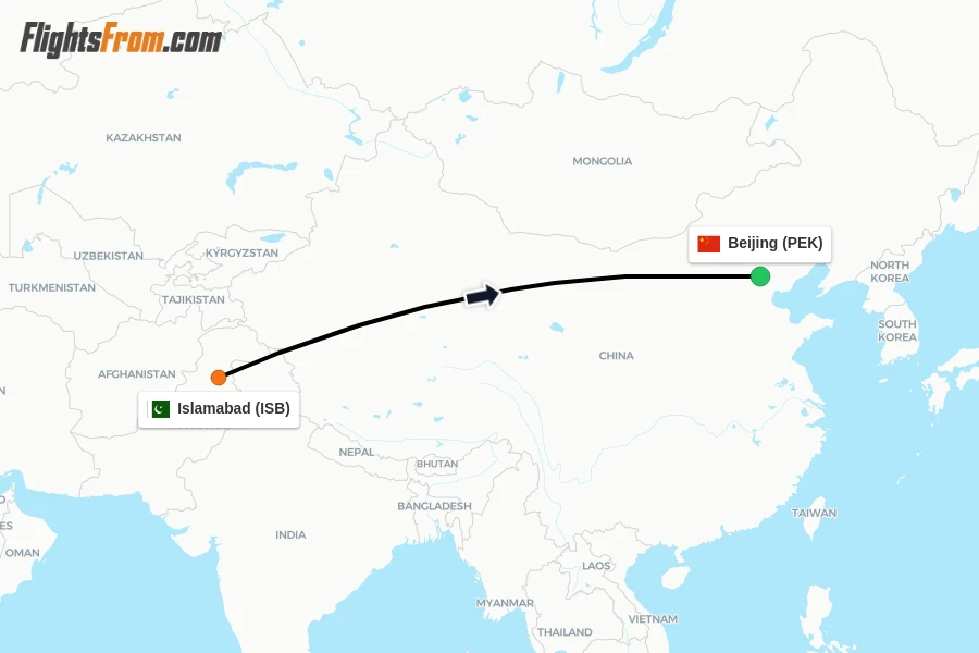 Flights from Islamabad to Beijing route map