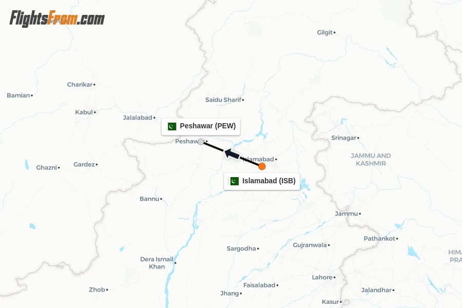 Flights from Islamabad to Peshawar route map