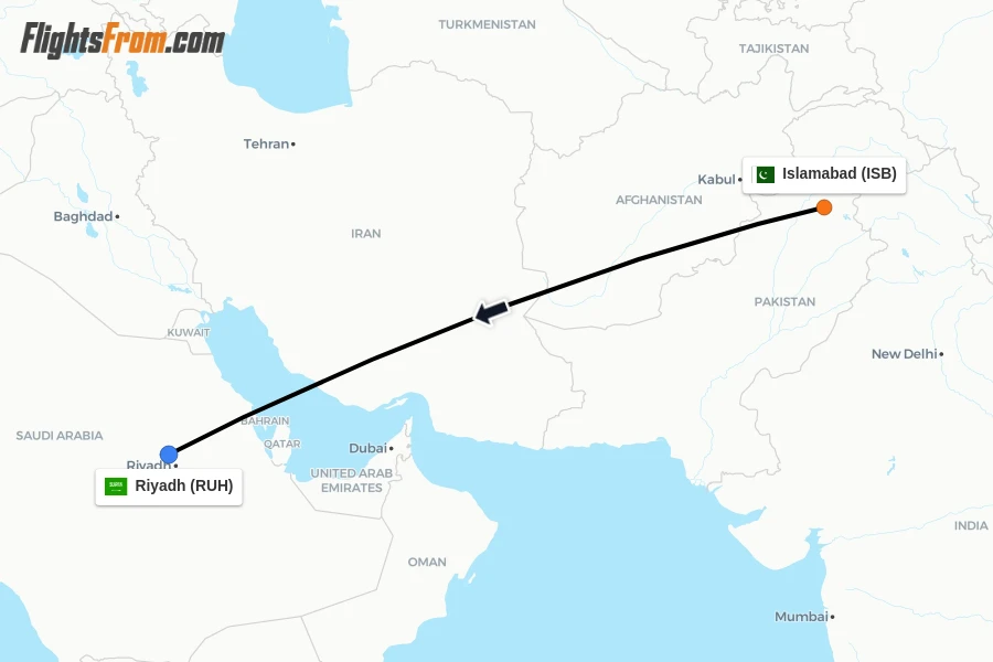 Flights from Islamabad to Riyadh route map