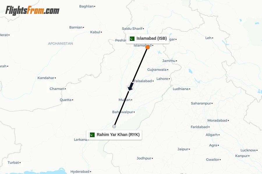 Flights from Islamabad to Rahim Yar Khan route map