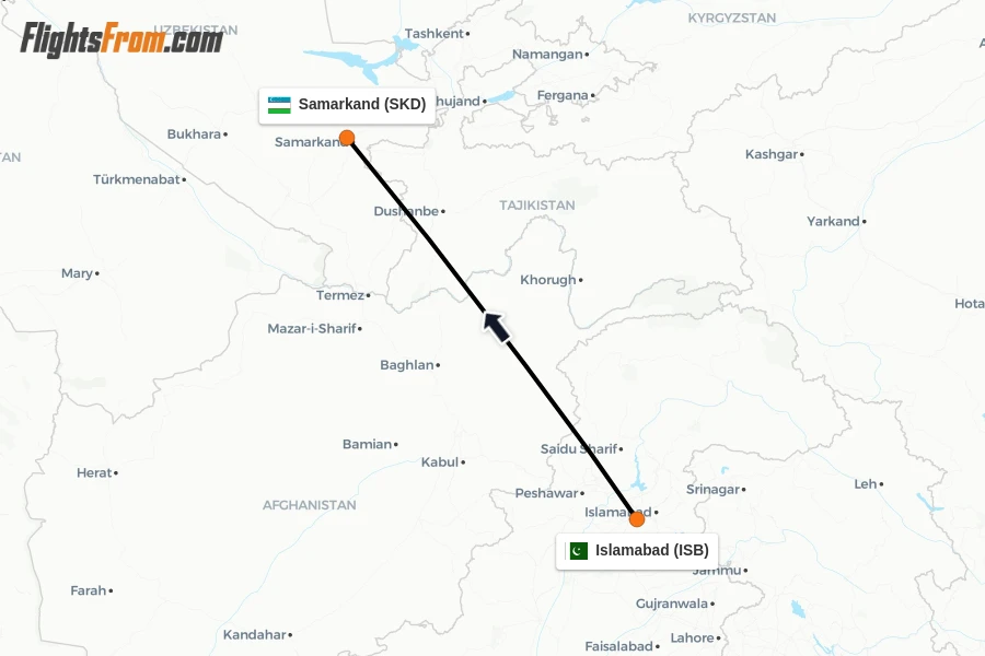 Flights from Islamabad to Samarkand route map