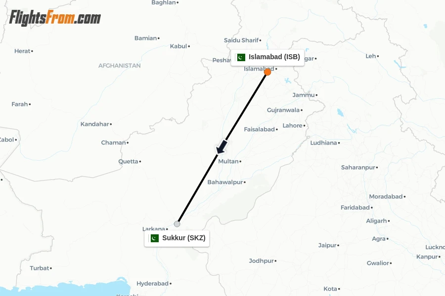 Flights from Islamabad to Sukkur route map
