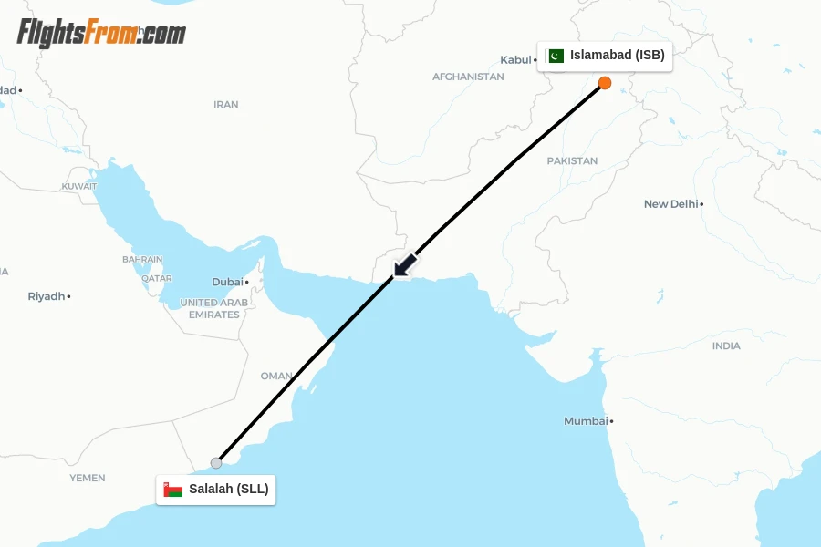 Flights from Islamabad to Salalah route map