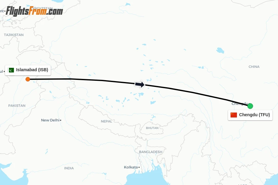 Flights from Islamabad to Chengdu route map