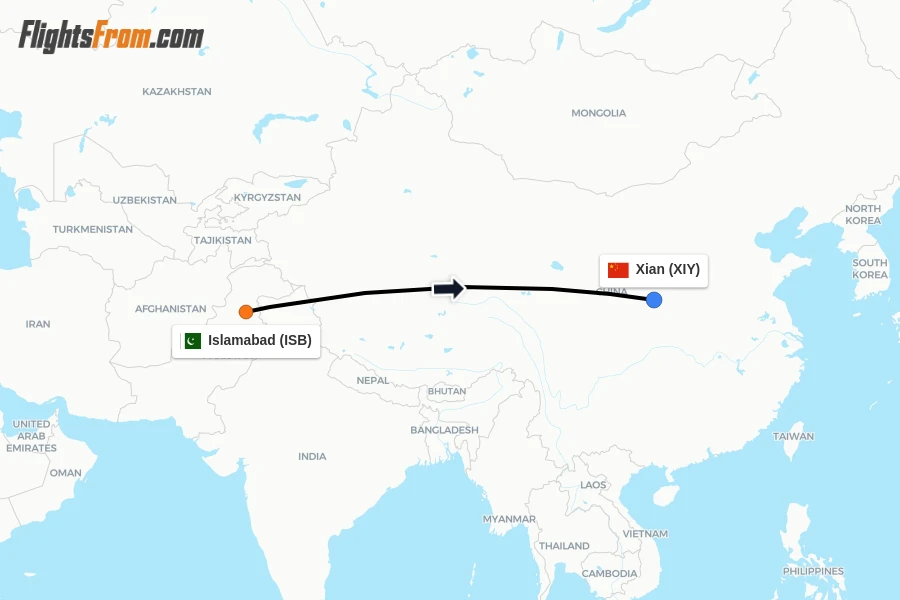 Flights from Islamabad to Xian route map