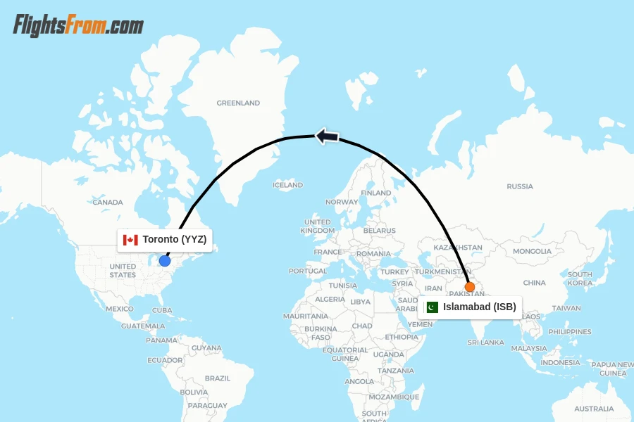 Flights from Islamabad to Toronto route map