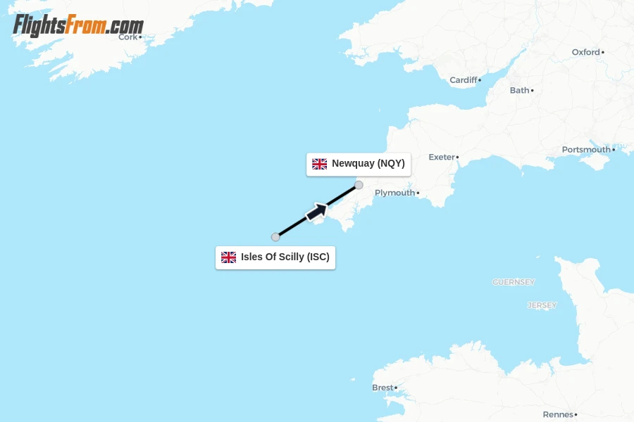 Flights from Isles Of Scilly to Newquay route map