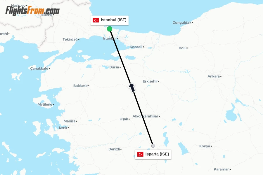 Flights from Isparta to Istanbul route map