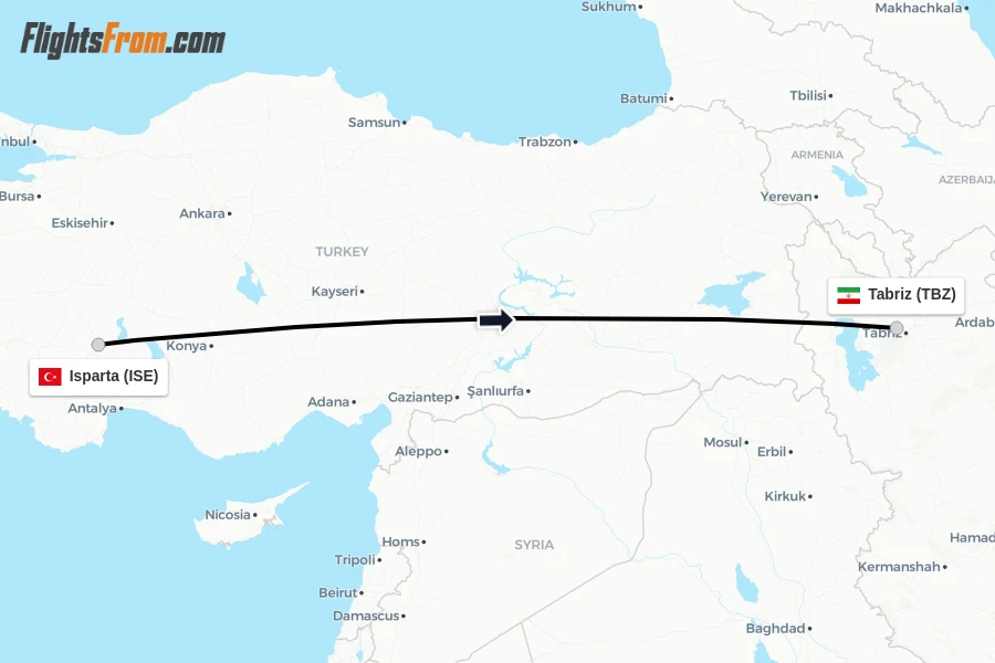 Flights from Isparta to Tabriz route map