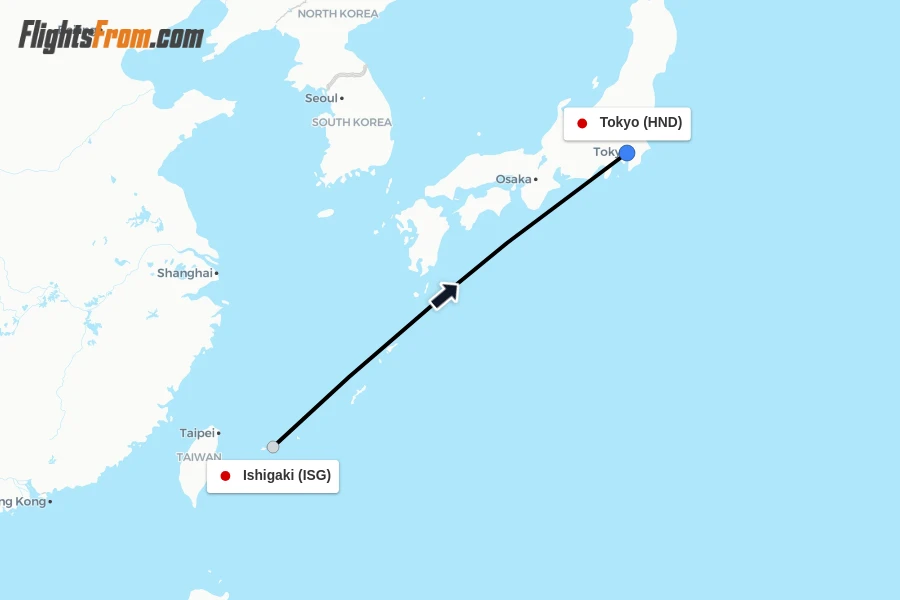 Flights from Ishigaki to Tokyo route map