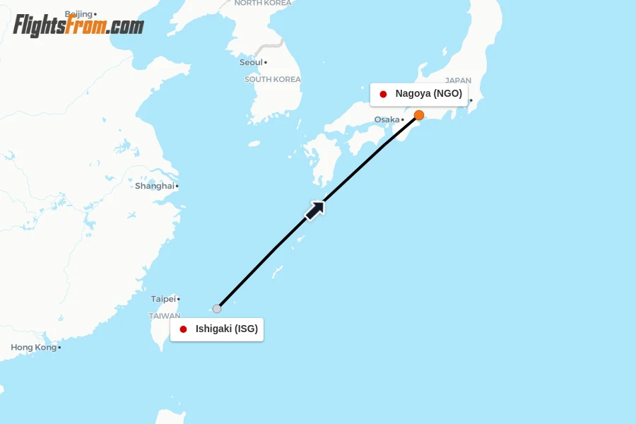 Flights from Ishigaki to Nagoya route map