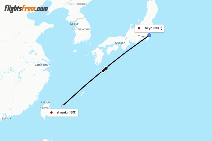Flights from Ishigaki to Tokyo route map