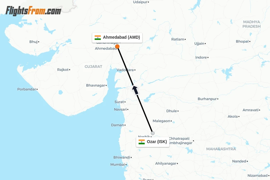 Flights from Ozar to Ahmedabad route map