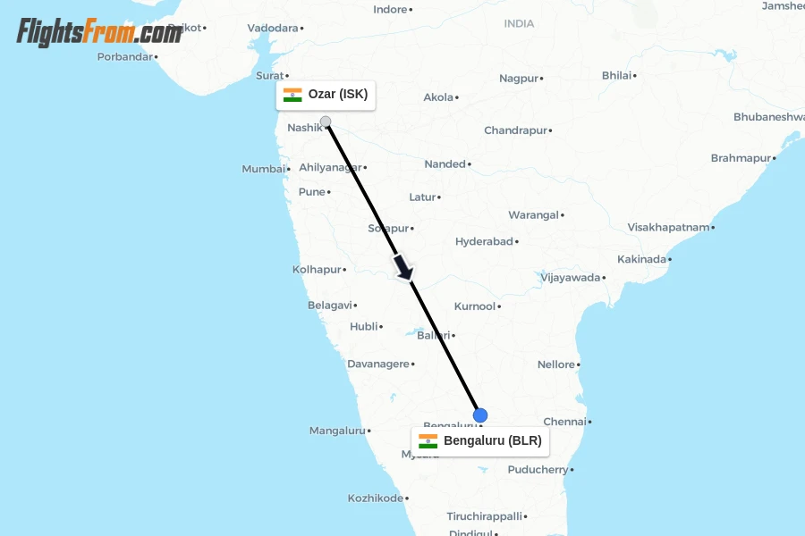 Flights from Ozar to Bengaluru route map