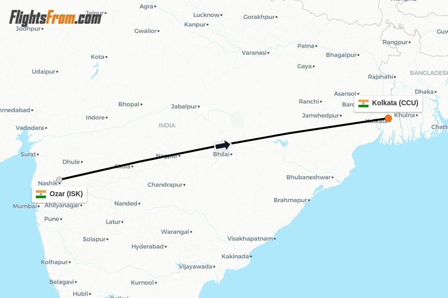 Flights from Ozar to Kolkata route map