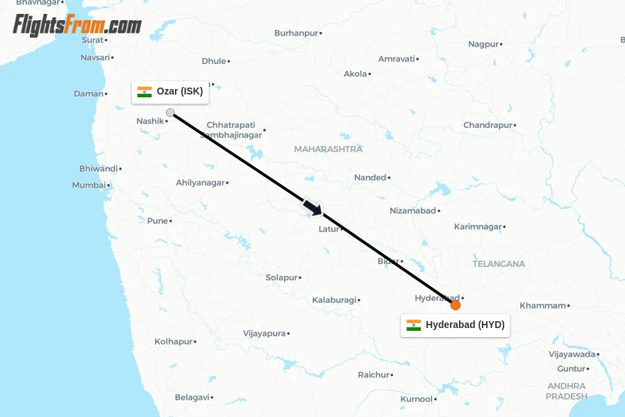 Flights from Ozar to Hyderabad route map