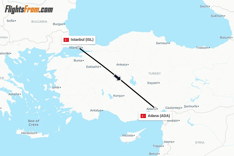 Flights from Istanbul to Adana route map