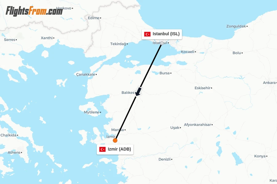 Flights from Istanbul to Izmir route map